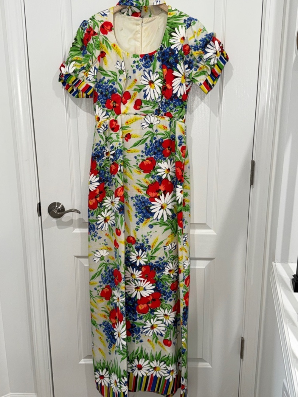 Vintage Emma Domb Maxi Dress - 1960s Rainbow Bright Daisy Floral Border- Small